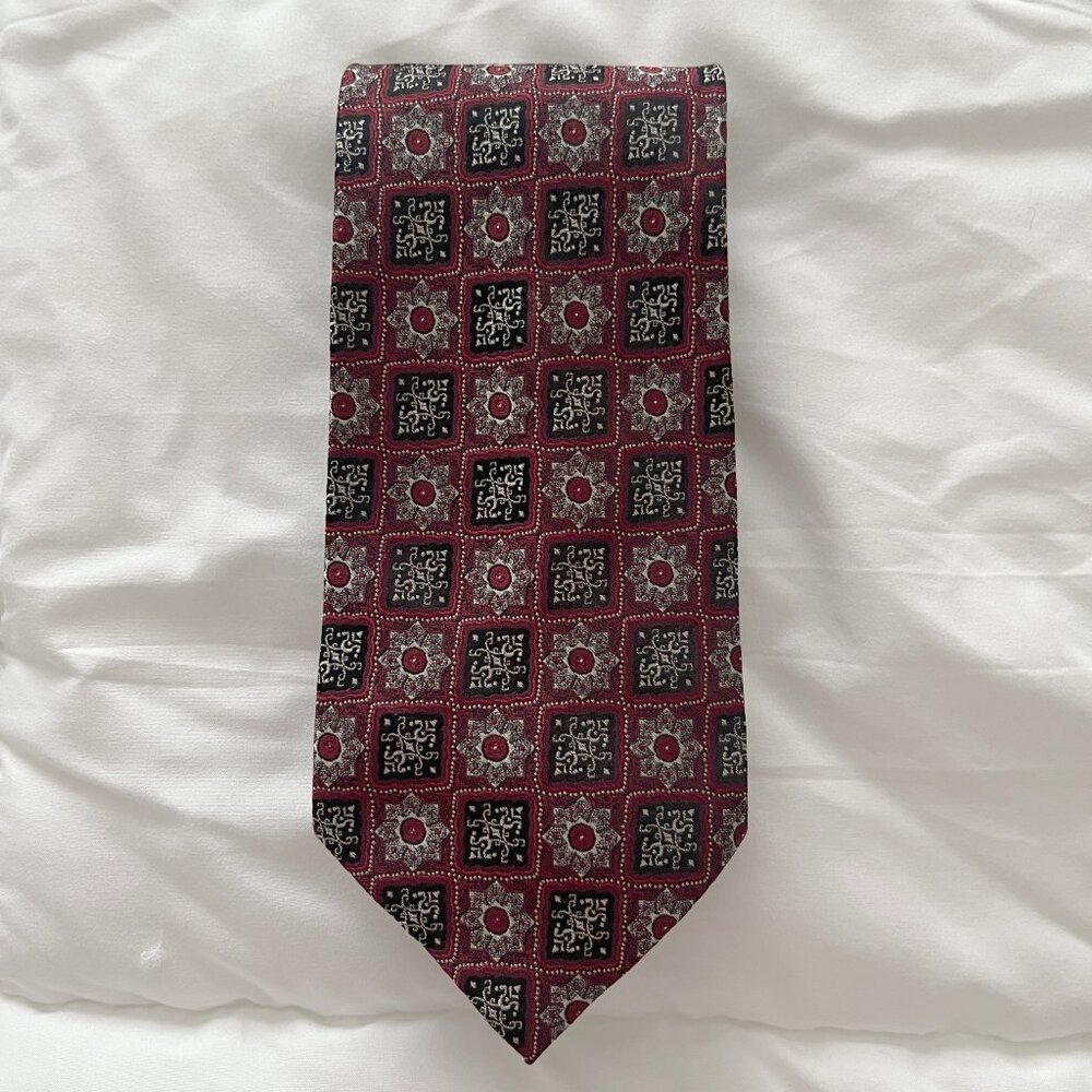 Burma-Bibas Tie Vintage Maroon Black Silver Geometric 100% Silk 90s Wall Street